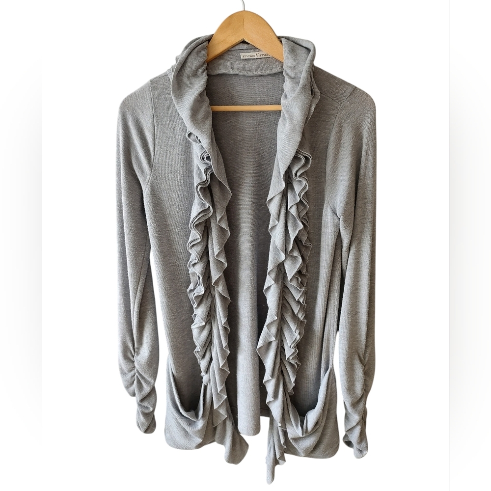Moa Moa Grey Ruffled Front Cardigan Size Large